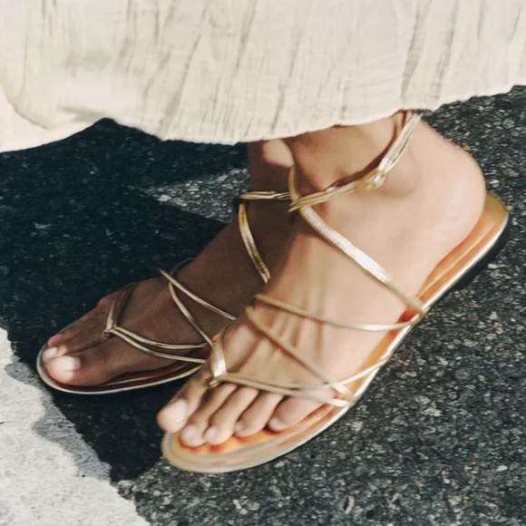 NEW! Zara Gold Strappy Flat Sandals - Picture 2 of 8